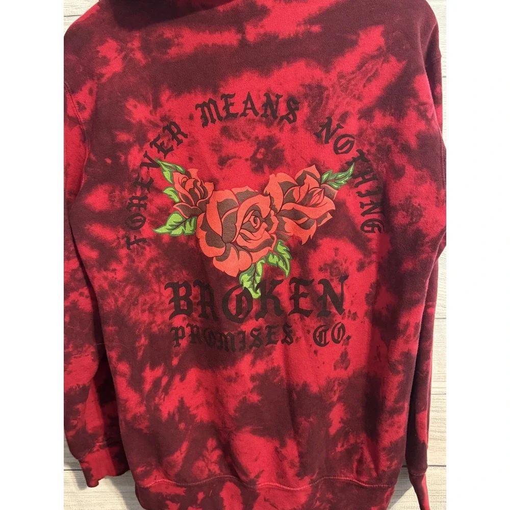 Broken Promises Pullover Hoodie Size M Red Black Tie Dye Rose Graphic